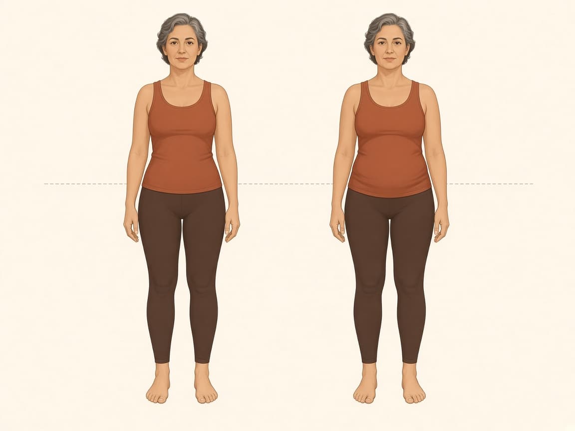 Illustration of a menopause belly: the same woman before and after menopause, with a thicker, less defined waist after
