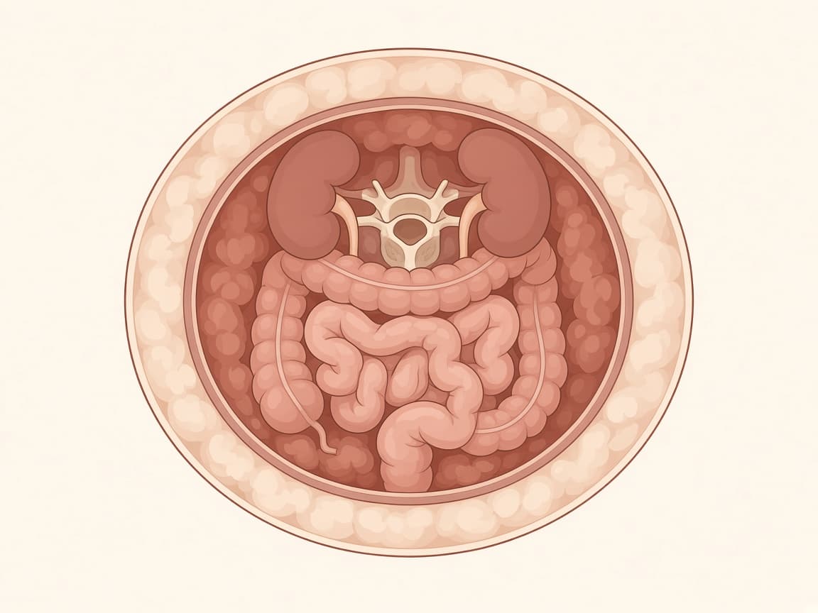Cross-section of the abdomen showing pale subcutaneous fat under the skin and darker visceral belly fat packed around the organs