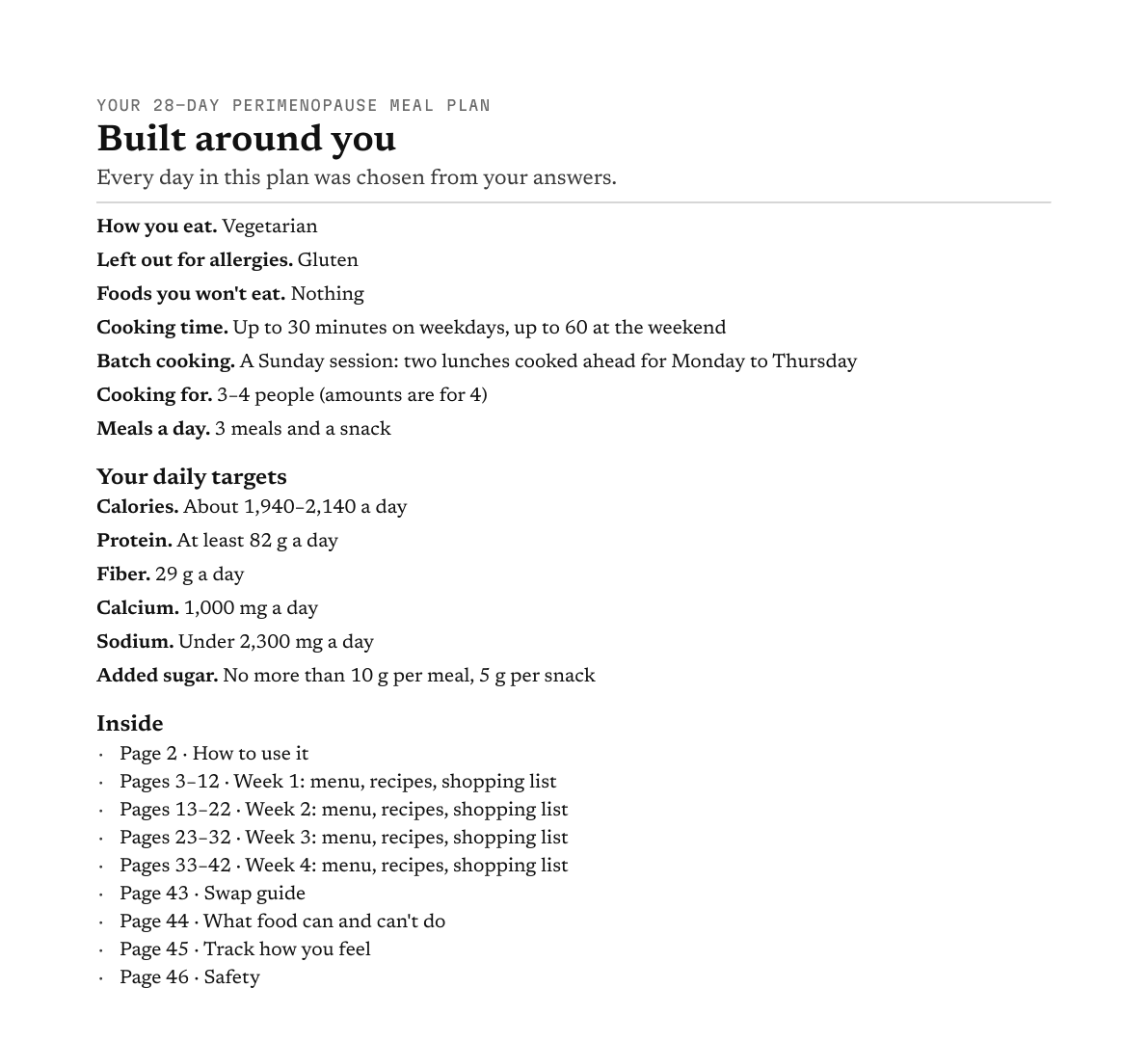 Example meal plan: Page 1: built around you